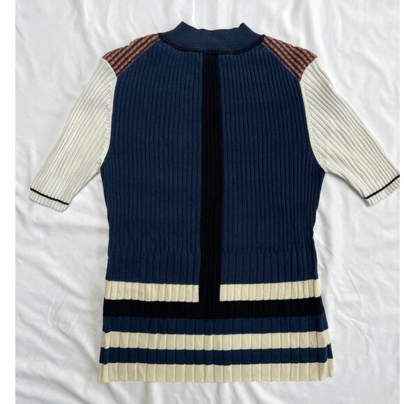 Opening Ceremony Ribbed Navy Metallic Striped Short Sleeve Sweater Top, Large - Picture 3 of 4